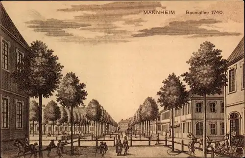 Künstler Ak Mannheim, Baumallee um 1740, Straßenpartie