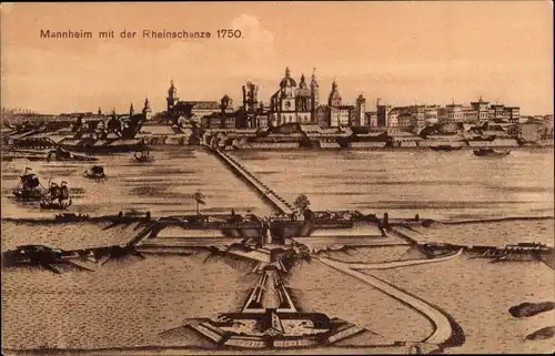 Künstler Ak Mannheim, Rheinschanze um 1750, Fluss