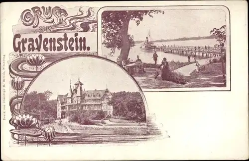 Litho Gråsten Gravenstein Dänemark, Brücke, Ufer, Villa