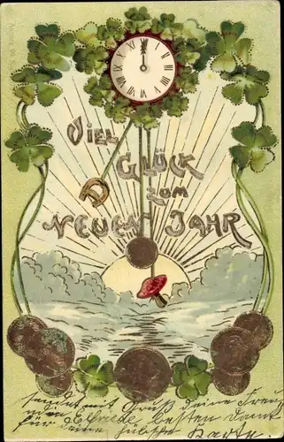 Präge Litho Glückwunsch Neujahr, Uhr, Pilz, Münzen, Glücksklee