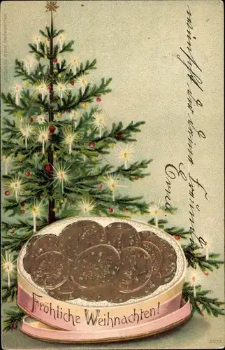 Präge Litho Glückwunsch Weihnachten, Tannenbaum, Dose mit Münzen