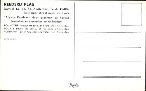 Ak Amsterdam Nordholland Niederlande, Reederij Plas, Damrak, Panoramaboot