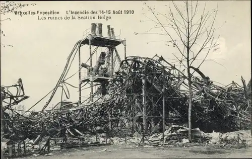 Ak Brüssel Brüssel, Ausstellung 1910, Brand vom 14.-15. August, Ruinen der belgischen Sektion