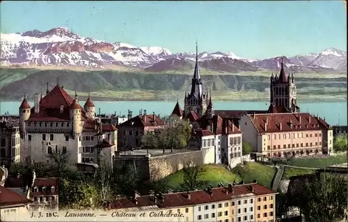 Ak Lausanne Kt Waadt, Château et Cathédrale, Gebirge