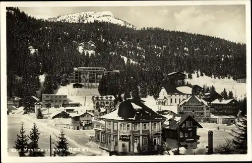 Ak Montana Kanton Wallis, Ortsansicht, Schneebedeckte Gebäude