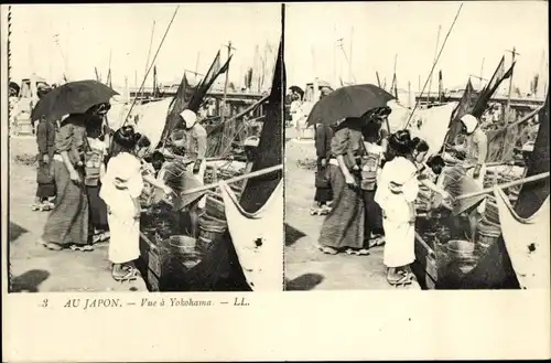 Stereo Ak Yokohama Präf. Kanagawa Japan, Fischhändler im Hafen, Frauen, Kinder