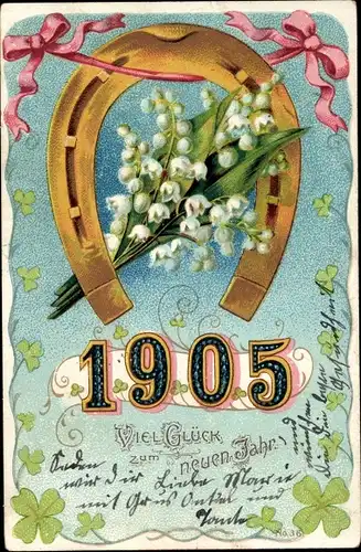 Litho Glückwunsch Neujahr, Jahreszahl 1905, Kleeblätter, Hufeisen, Blumen