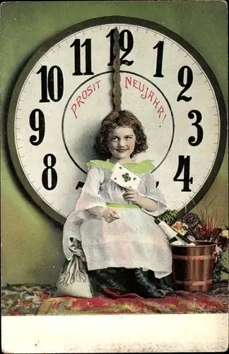 Ak Glückwunsch Neujahr, Mädchen, Uhr, Sack, Sekt, Blumen