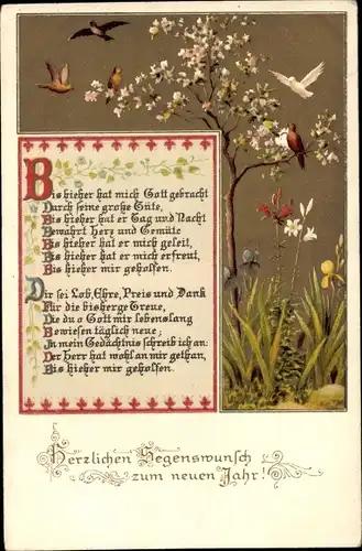 Litho Glückwunsch Neujahr, Vögel, Baum, Bis hierher hat mich Gott gebracht...