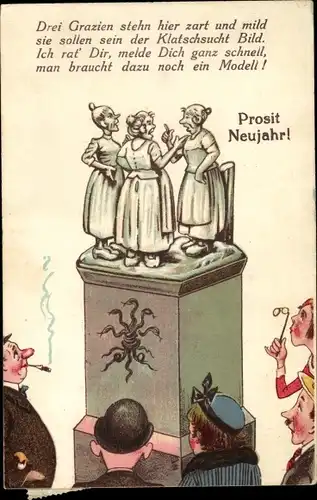 Ak Glückwunsch Neujahr, Drei Grazien, Plastik, Schlangen