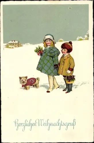 Ak Glückwunsch Weihnachten, Kinder, Hund, Spaziergang, Korb, Blumen