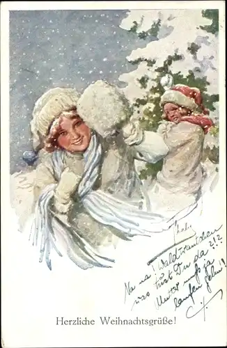 Ak Glückwunsch Weihnachten, Schneeballschlacht, Kinder, Tannenbaum