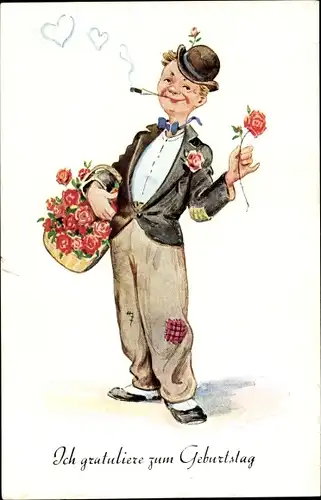 Ak Glückwunsch Geburtstag, Mann mit Blumenkorb, Zigarette