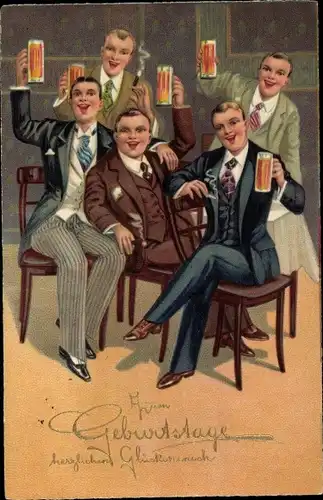Ak Glückwunsch Geburtstag, Männer trinken Bier, Bierglas, Zigaretten