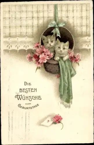 Präge Ak Glückwunsch Geburtstag, Katzen im korb, Blumen
