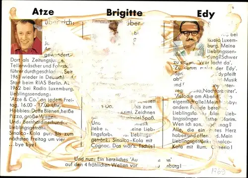 Ak Fernsehmoderatore Atze, Brigitte und Edy, Sendung, Autogramm