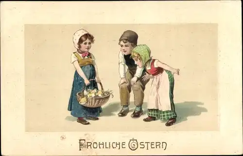 Ak Glückwunsch Ostern, Kinder, Küken im Korb