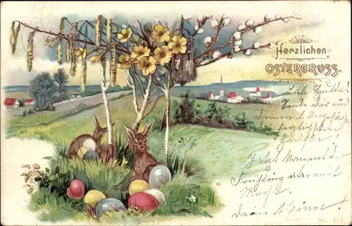 Litho Glückwunsch Ostern, Osterhasen, Ostereier, Weidenkätzchen, Birken