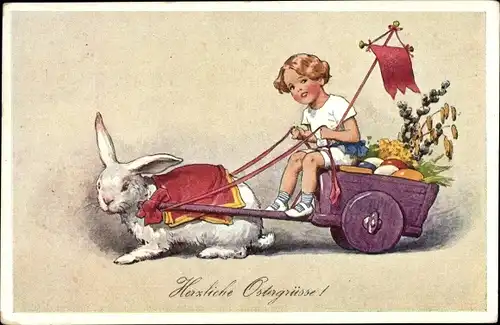 Ak Glückwunsch Ostern, Osterhase, Ostereier, Karren