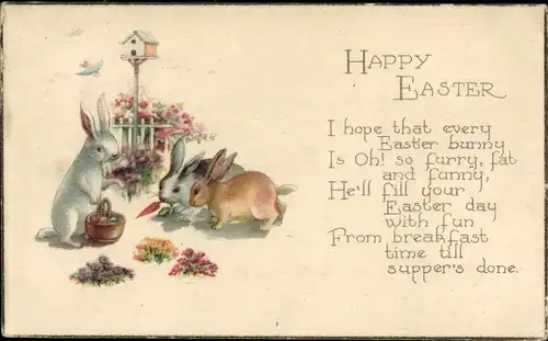 Ak Glückwunsch Ostern, Osterhasen, Möhre, Blumen, Vogelhaus