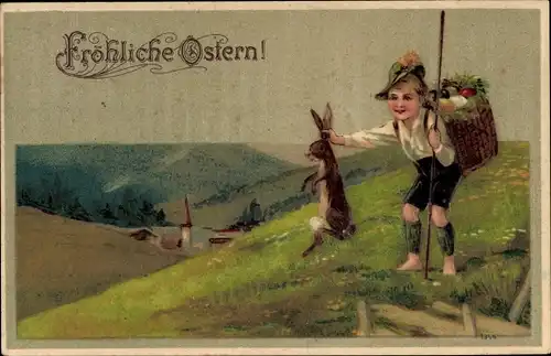 Ak Glückwunsch Ostern, Junge, Korb, Osterhase