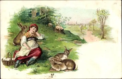 Litho Schlafende Frau, Volkstracht, Hasen, Eier im Korb