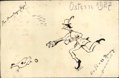 Ak Glückwunsch Ostern, Mann jagt eine Henne