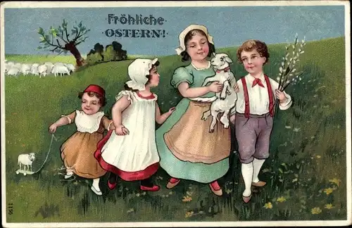 Präge Ak Glückwunsch Ostern, Kinder und Lamm, Weidenkätzchen