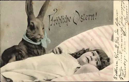 Ak Glückwunsch Ostern, Osterhase, Mädchen im Bett