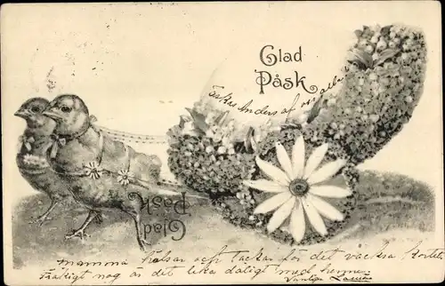 Ak Glückwunsch Ostern, Küken, Karren, Blumen