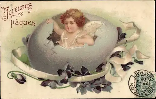 Präge Ak Glückwunsch Ostern, Engel in der Eierschale, Veilchen