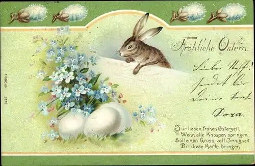Litho Glückwunsch Ostern, Osterhase, Vergissmeinnicht, Ostereier, Weidenkätzchen