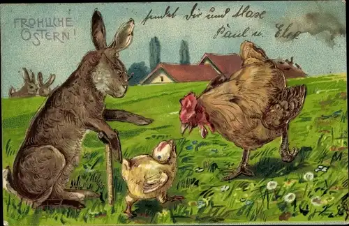 Präge Litho Glückwunsch Ostern, Osterhase, Küken, Henne