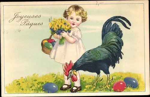 Ak Glückwunsch Ostern, Kind, Hahn, Ostereier, Blumenstrauß