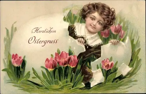 Präge Ak Glückwunsch Ostern, Kind, Tulpen, Eierschale