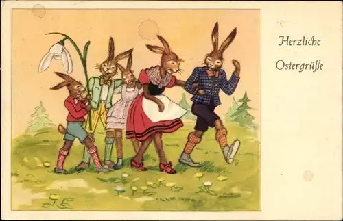 Ak Glückwunsch Ostern, Vermenschlichte Osterhasen