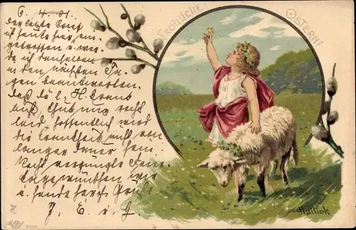 Künstler Litho Mailick, Glückwunsch Ostern, Kind, Lamm, Weidenkätzchen