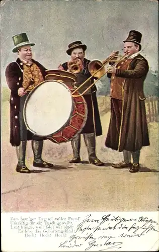Litho Musizierende Männer, Trompete, Trommel, Musikinstrumente