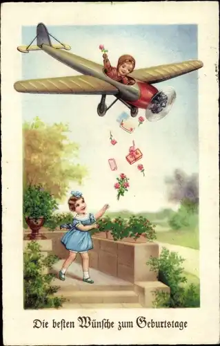 Ak Glückwunsch Geburtstag, Kinder, Flugzeug, Pilot, Geschenke