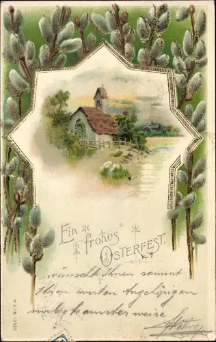 Litho Glückwunsch Ostern, Weidenkätzchen, Haus