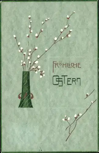 Ak Glückwunsch Ostern, Weidenkätzchen, Blumenvase