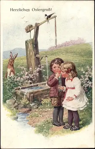 Ak Glückwunsch Ostern, Kinder, Osterhase, Brunnen, Wasserquelle