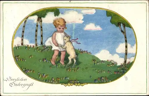 Künstler Ak Glückwunsch Ostern, Kind tanzt mit einem Lamm