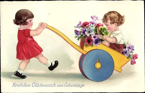 Ak Glückwunsch Geburtstag, Kinder, Schubkarre, Blumen