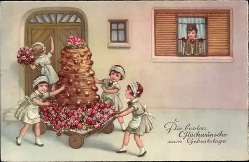 Ak Glückwunsch Geburtstag, Mädchen, Gratulanten, Kuchen, Rosen