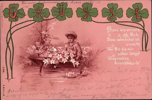 Litho Kleeblätter, Junge in Matrosenanzug in einem Ruderboot, Seerosen