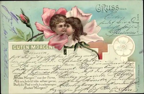 Litho Kinderportraits in Rosenblüten, Guten Morgen, vermenschlichte Blumen