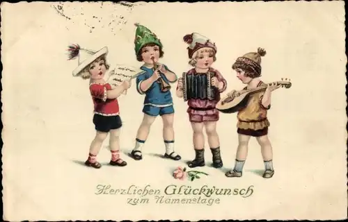 Ak Glückwunsch Namenstag, Musizierende Kinder, Musikinstrumente, Noten