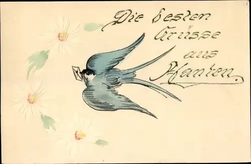 Ak Schwalbe mit Brief im Schnabel, Blumen, Kitsch