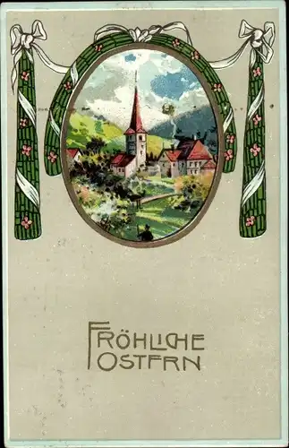 Präge Passepartout Ak Glückwunsch Ostern, Blumen, Schleifen, Kirche, Feld